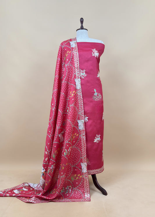 Punch Pink Munga Tussar Kurta And Pichwai Dupatta With Pitta Work