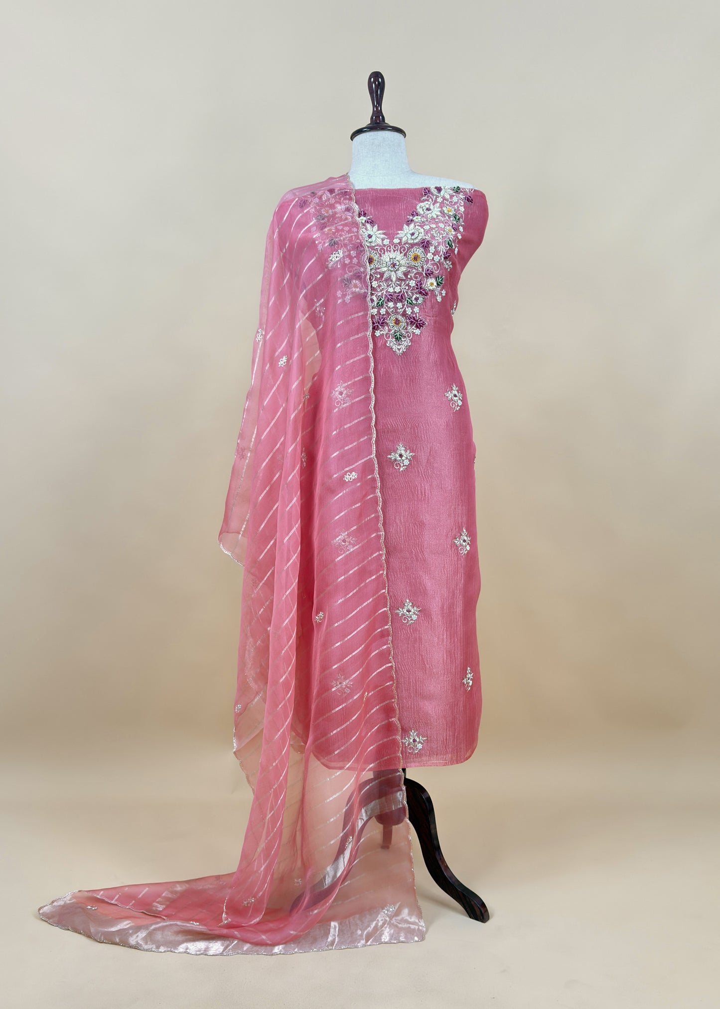 Kalasheel Luxe Pink Pure Crushed Tissue Kurta And Organza Dupatta With Zardosi And Dabka Handwork