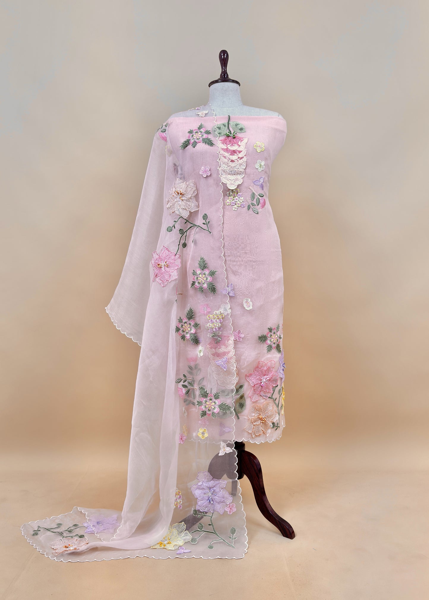 Baby Pink Pastel Gardens Handloom Organza Embroidered Suit Set with 3d Applique Work