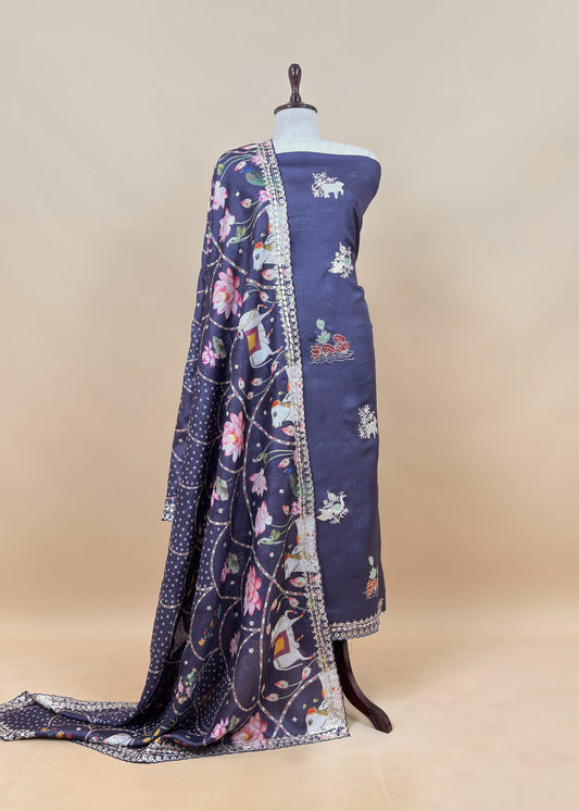 Denim Blue Munga Tussar Kurta And Pichwai Dupatta With Pitta Work