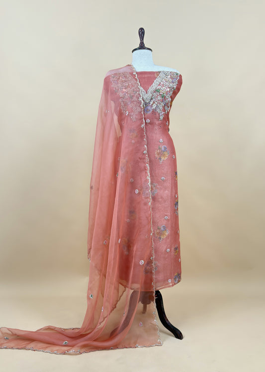 Orange Wedding Bells Pure Tissue Silk Unstitched Suit Fabric With Dabka And Zardosi Handwork