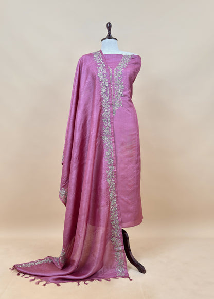 Pink Tussar Unstitched Suit With Aari Embroidery