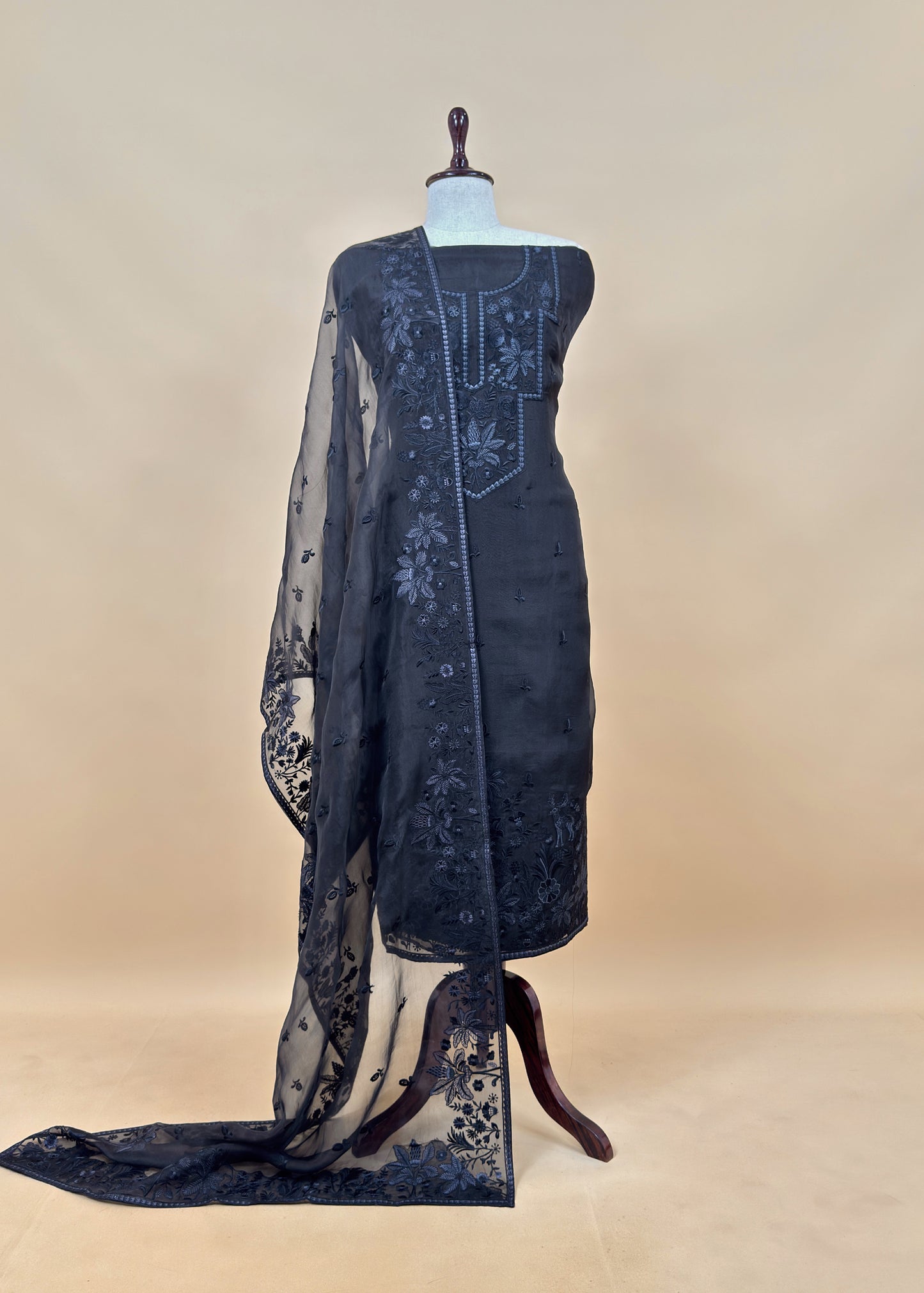 Purple Handloom Organza Silk Suit In Parsi Embroidered