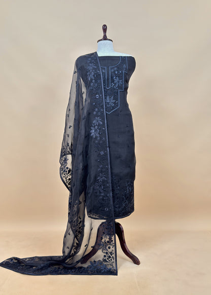 Red Handloom Organza Silk Suit in Parsi Embroidered