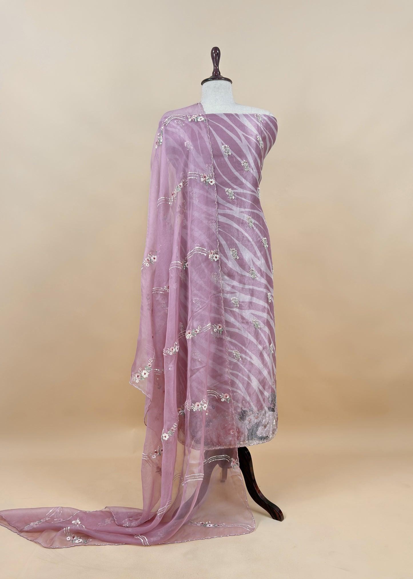 Pink Brush Print Tissue Silk Kurta And Kora Silk Dupatta With Handwork