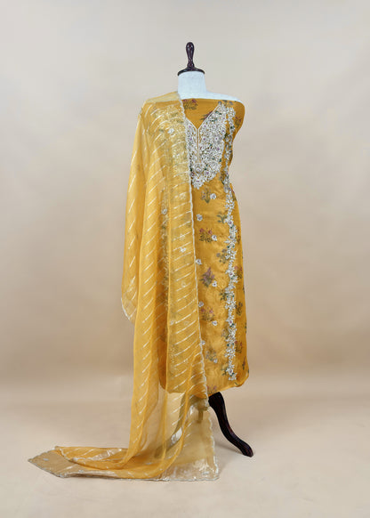 Yellow Block Print Tissue Silk Kurta And Kora Silk Dupatta With Handwork