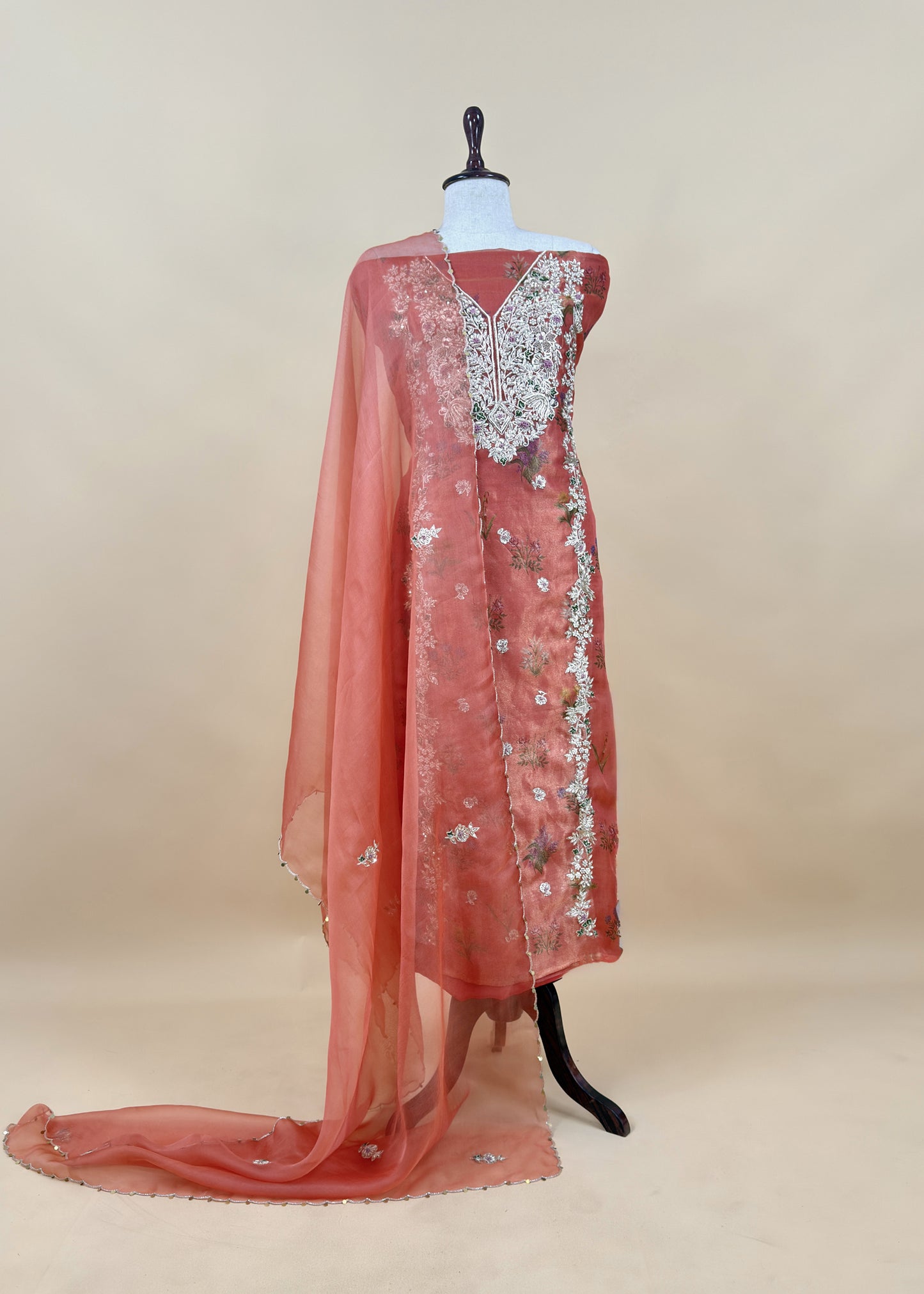 Orange Block Print Tissue Silk Kurta And Kora Silk Dupatta With Handwork