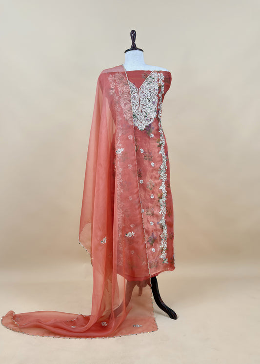 Orange Block Print Tissue Silk Kurta And Kora Silk Dupatta With Handwork