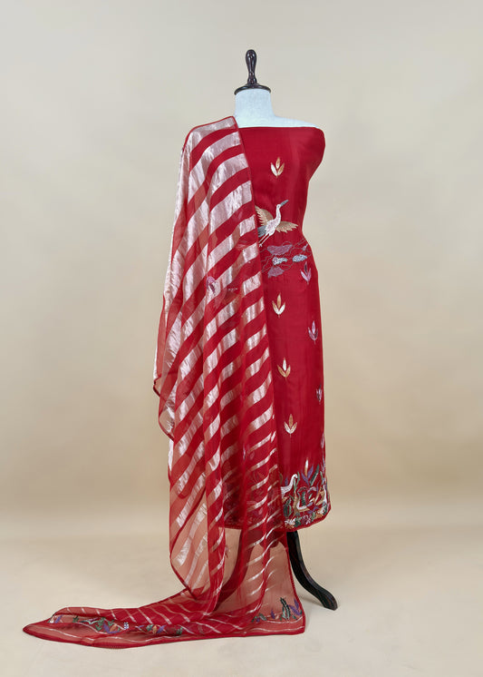 Red Handloom Organza Silk Suit Fabric With Flamingos Kantha Handwork