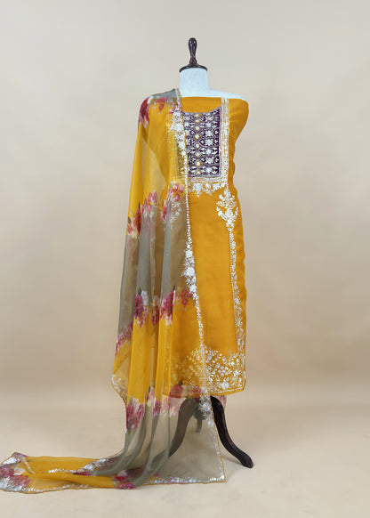 Black Pure Kora Silk Suit Fabric With Brush Print And Pitta Handwork