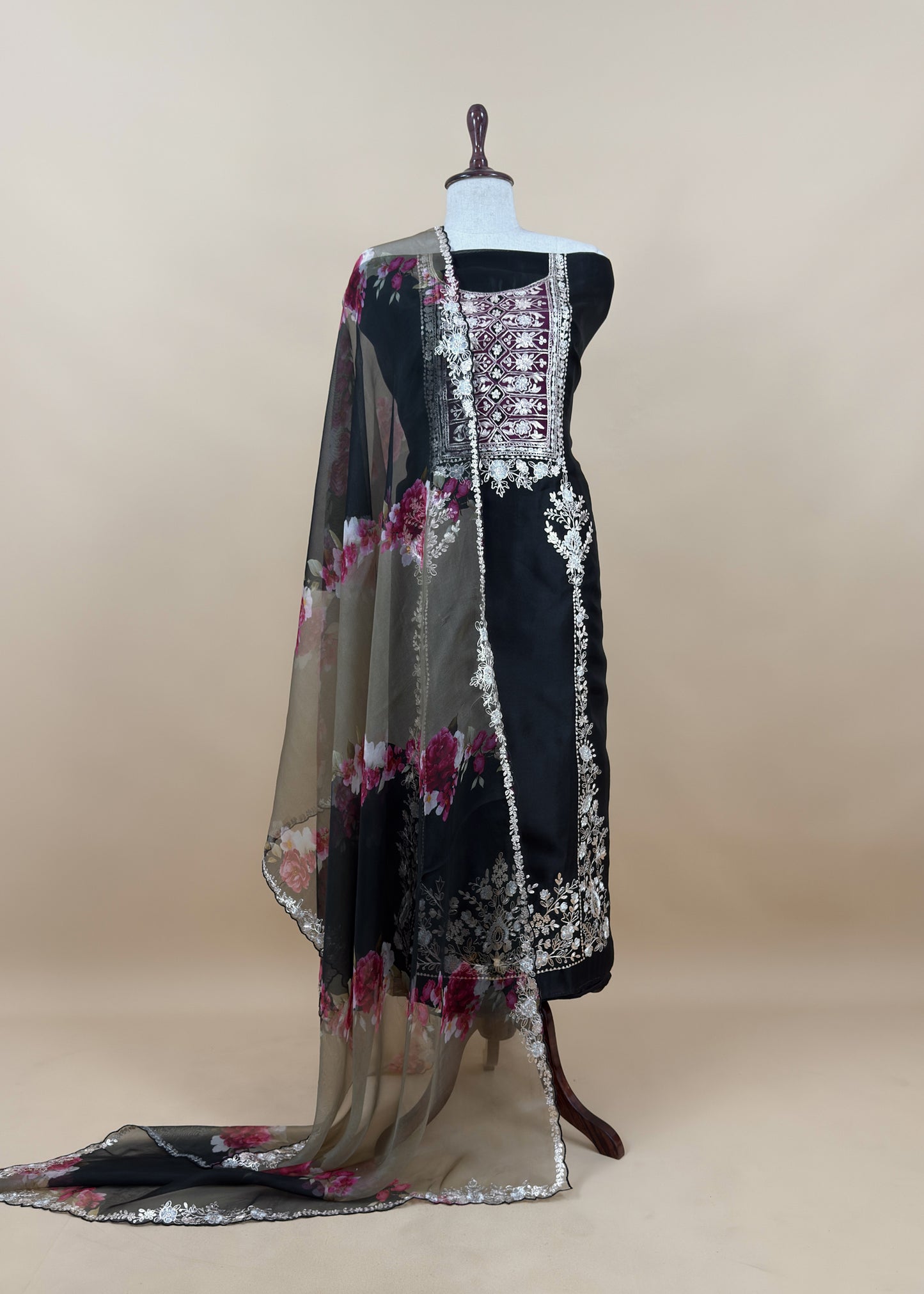 Mustard And Wine Pure Kora Silk Suit Fabric With Brush Print And Pitta Handwork