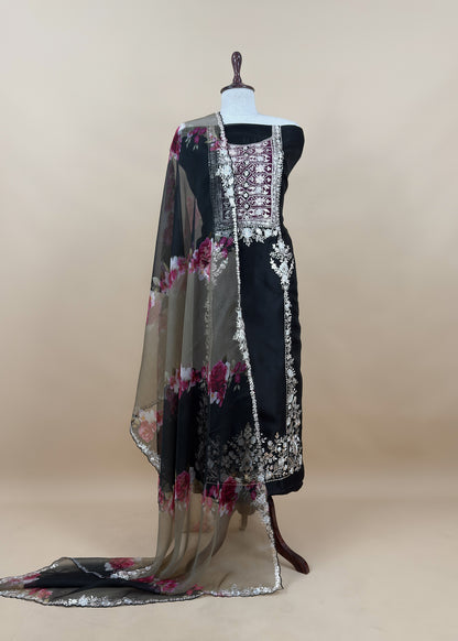 Black Pure Kora Silk Suit Fabric With Brush Print And Pitta Handwork