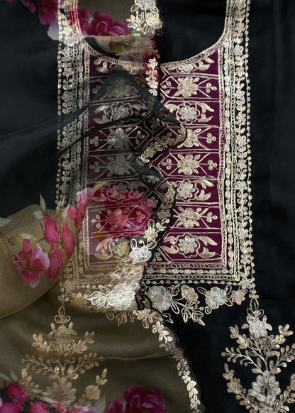 Black Pure Kora Silk Suit Fabric With Brush Print And Pitta Handwork