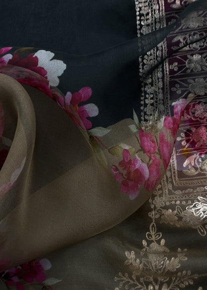 Black Pure Kora Silk Suit Fabric With Brush Print And Pitta Handwork