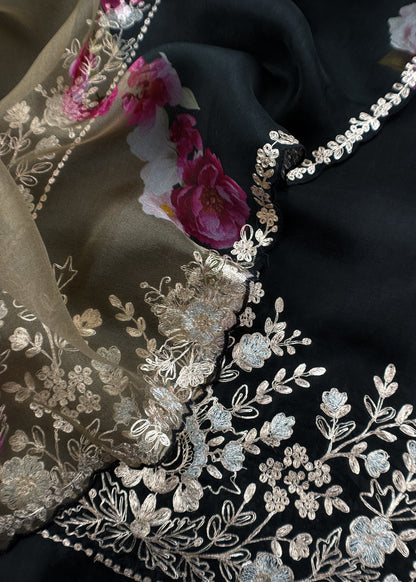 Black Pure Kora Silk Suit Fabric With Brush Print And Pitta Handwork