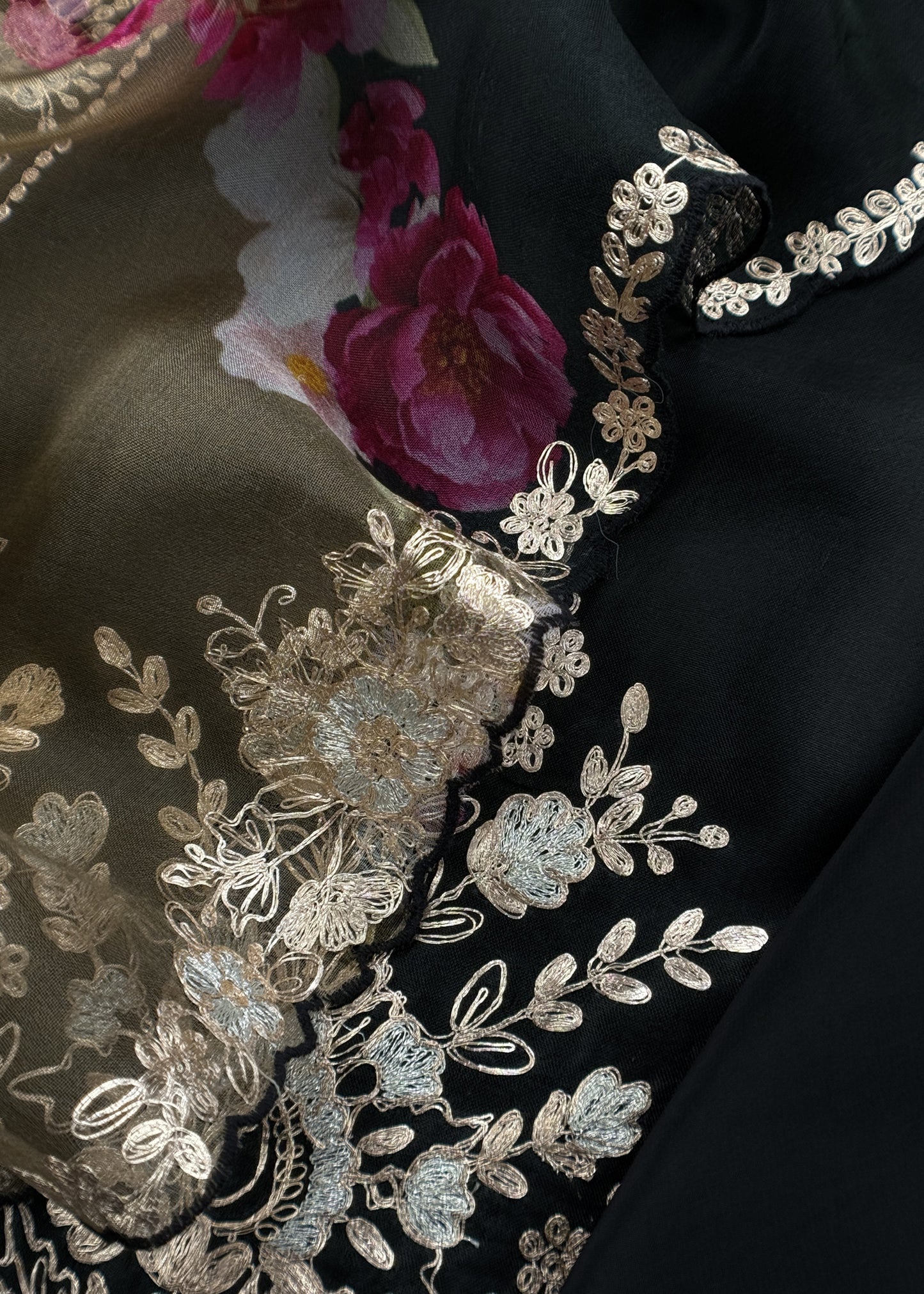 Black Pure Kora Silk Suit Fabric With Brush Print And Pitta Handwork