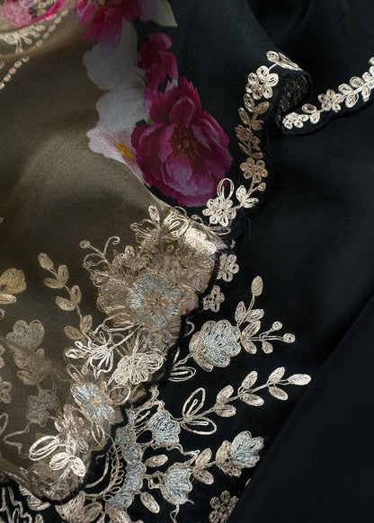 Black Pure Kora Silk Suit Fabric With Brush Print And Pitta Handwork
