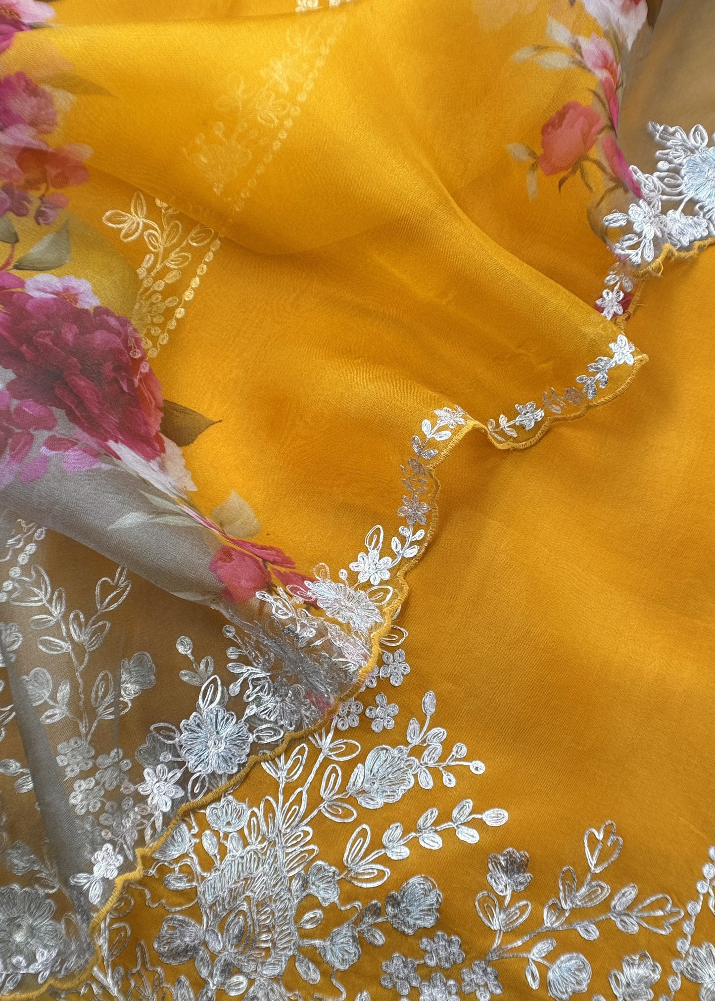 Mustard And Wine Pure Kora Silk Suit Fabric With Brush Print And Pitta Handwork