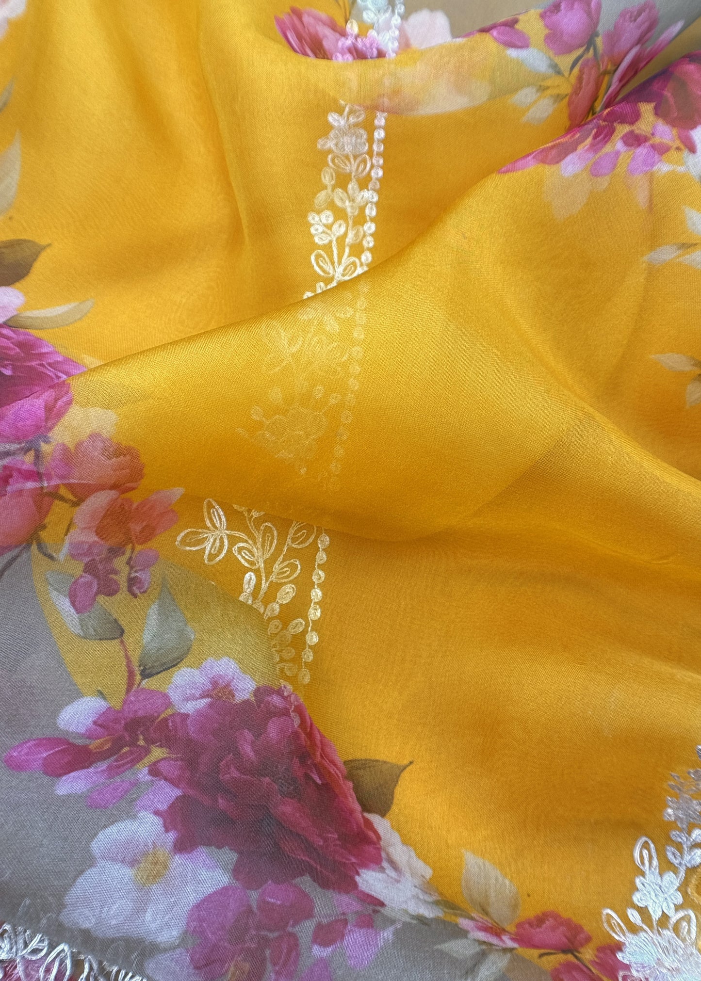 Mustard And Wine Pure Kora Silk Suit Fabric With Brush Print And Pitta Handwork