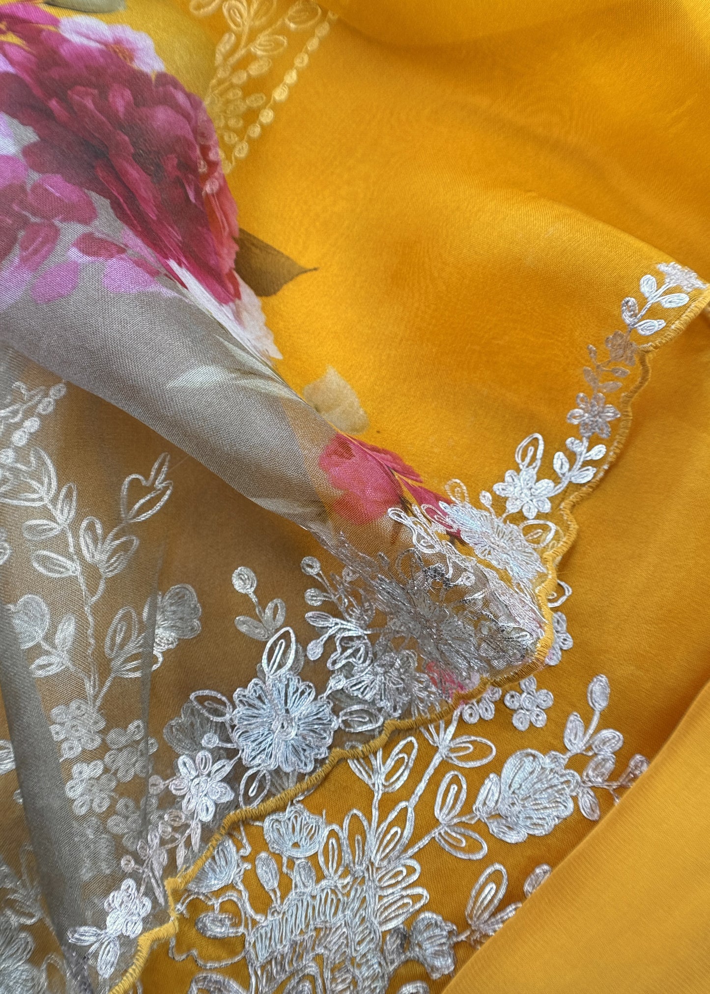 Mustard And Wine Pure Kora Silk Suit Fabric With Brush Print And Pitta Handwork