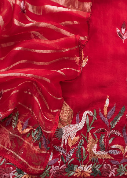 Red Handloom Organza Silk Suit Fabric With Flamingos Kantha Handwork