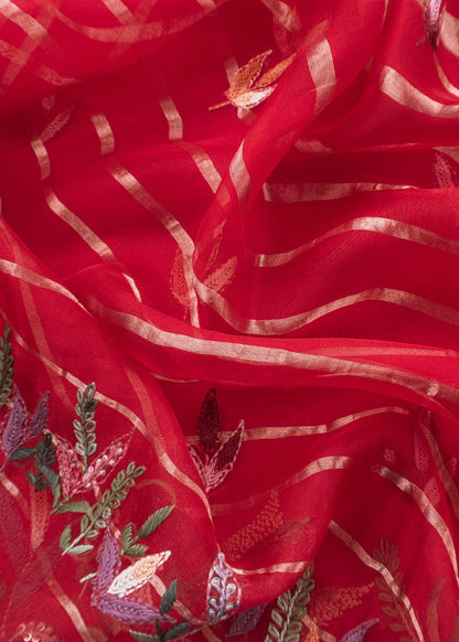 Red Handloom Organza Silk Suit Fabric With Flamingos Kantha Handwork