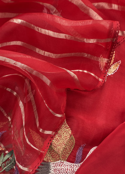 Red Handloom Organza Silk Suit Fabric With Flamingos Kantha Handwork