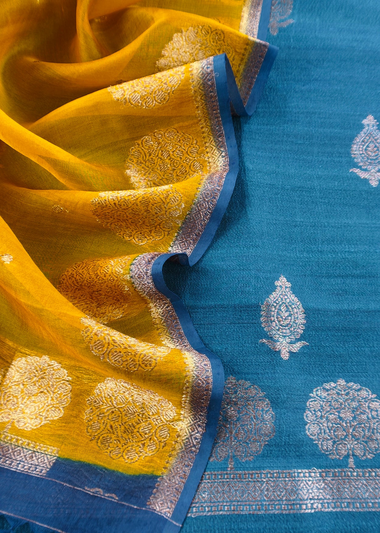 Blue and yellow Handloom Raw Silk Suit With Kora Silk Dupatta