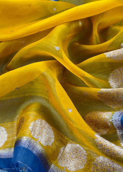 Blue and yellow Handloom Raw Silk Suit With Kora Silk Dupatta