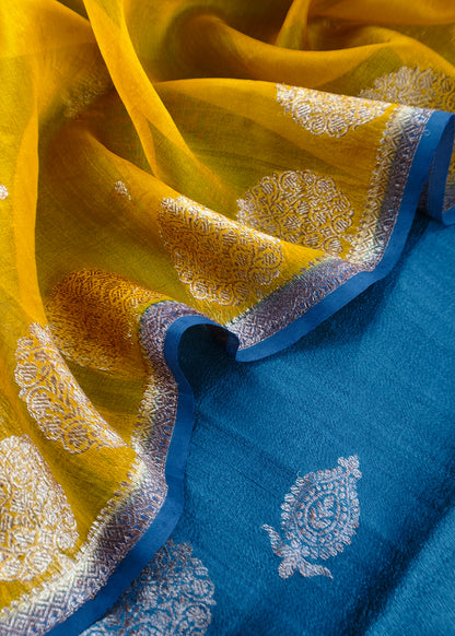 Blue and yellow Handloom Raw Silk Suit With Kora Silk Dupatta