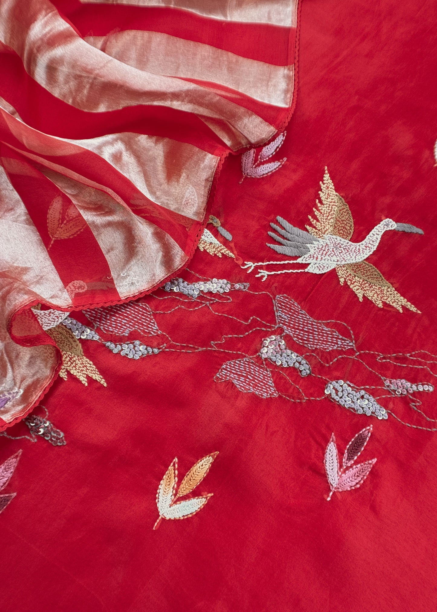 Red Handloom Organza Silk Suit Fabric With Flamingos Kantha Handwork