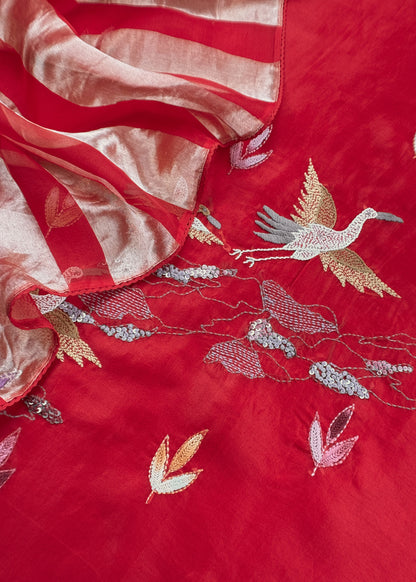 Red Handloom Organza Silk Suit Fabric With Flamingos Kantha Handwork