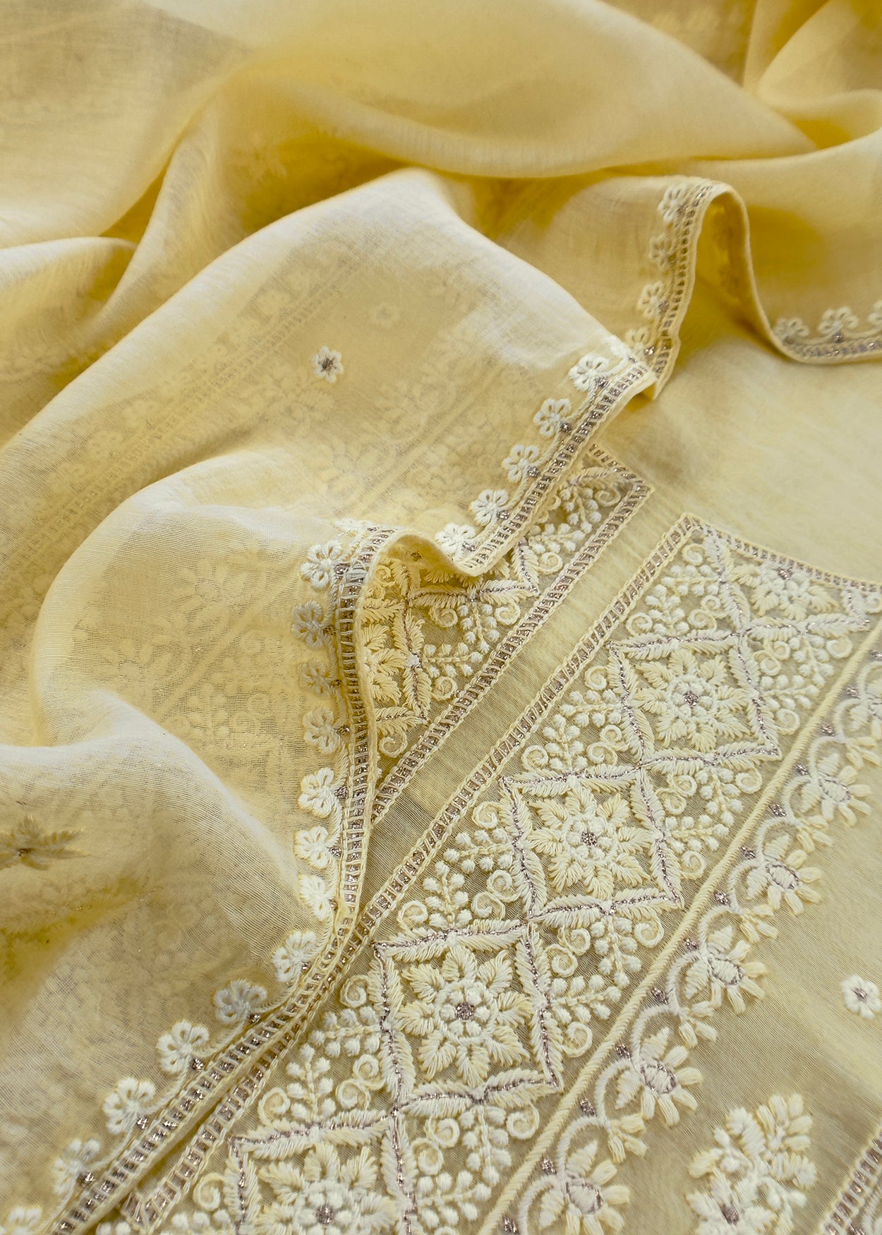 Butter Yellwo Lakhnavi Mulmul Suit With Dupatta