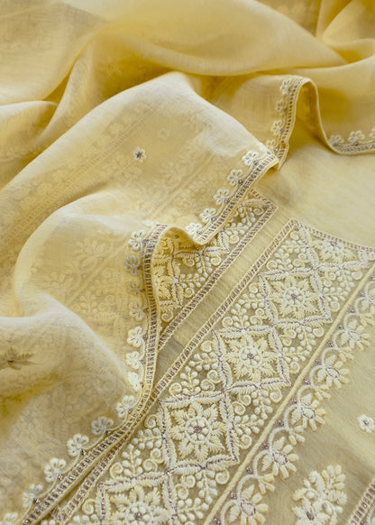Butter Yellwo Lakhnavi Mulmul Suit With Dupatta