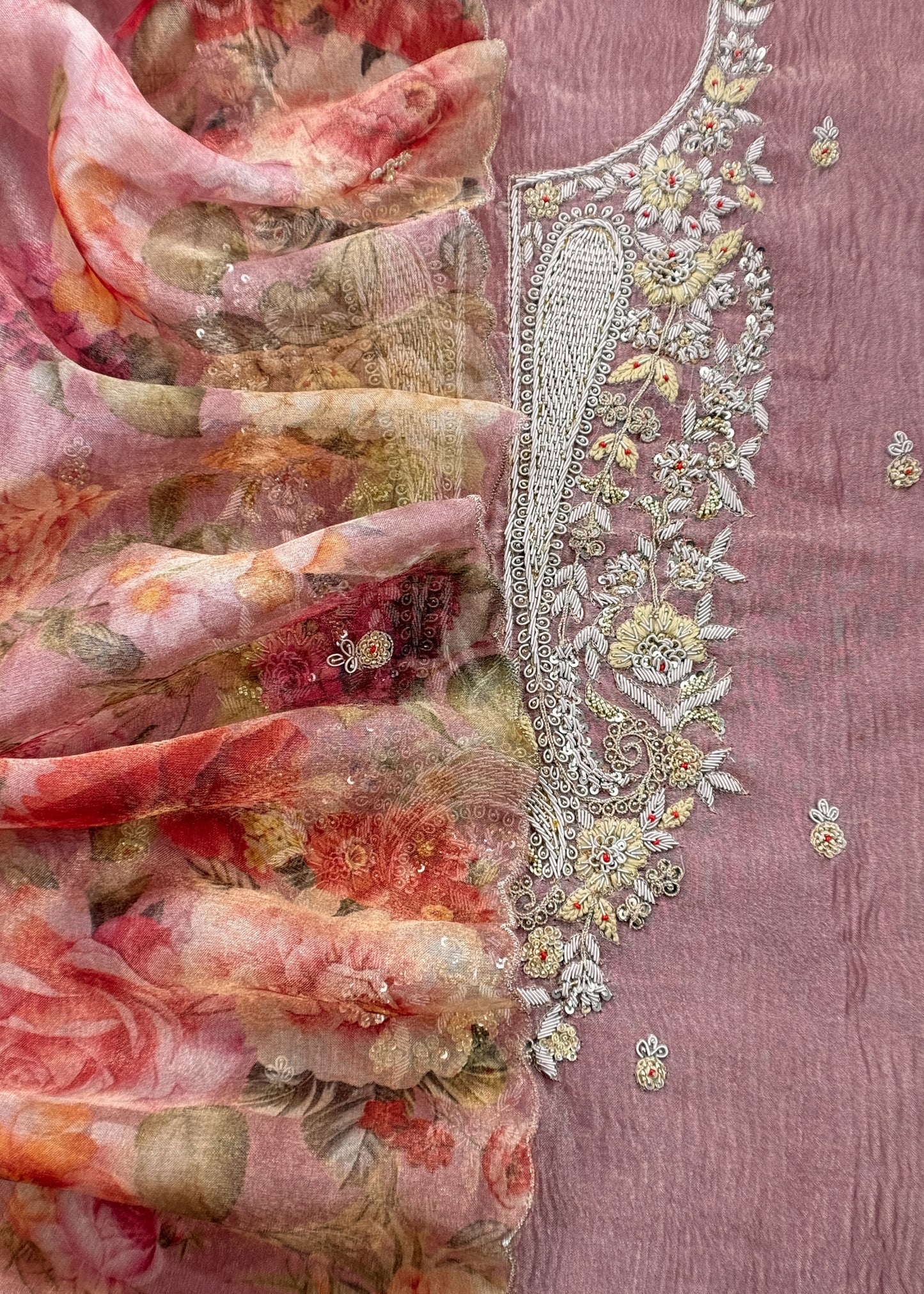 Pink Pure Crushed Tissue Kurta And Brush-Print Dupatta With Handwork