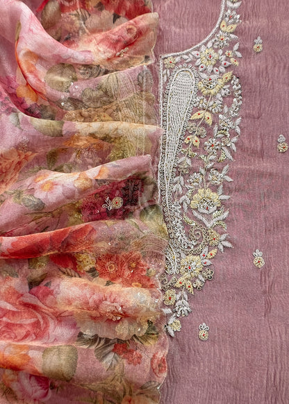 Pink Pure Crushed Tissue Kurta And Brush-Print Dupatta With Handwork