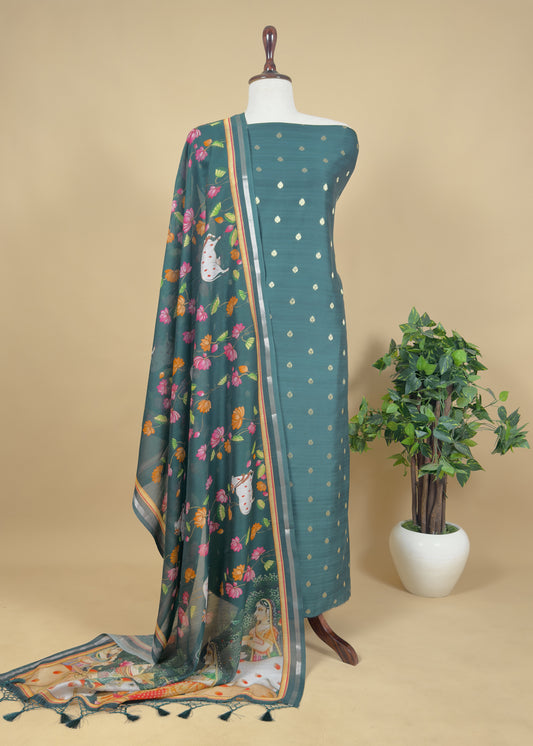 Pure Unstitched Handloom Banarasi Chanderi Suit Brushprint Dupatta