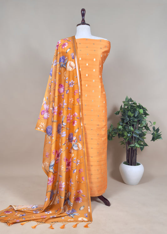 Pure Unstitched Handloom Banarasi Chanderi Suit Brushprint Dupatta