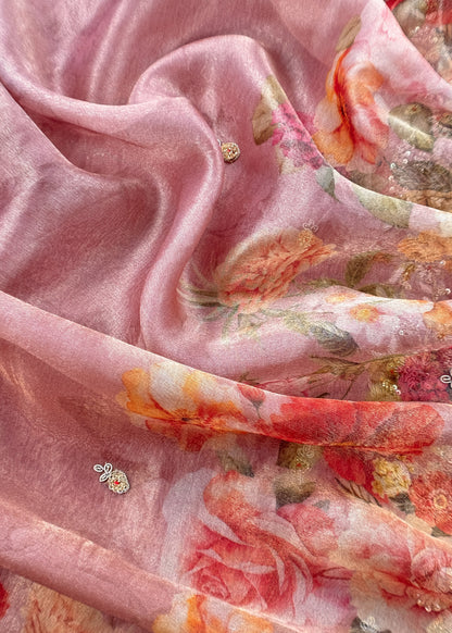 Pink Pure Crushed Tissue Kurta And Brush-Print Dupatta With Handwork