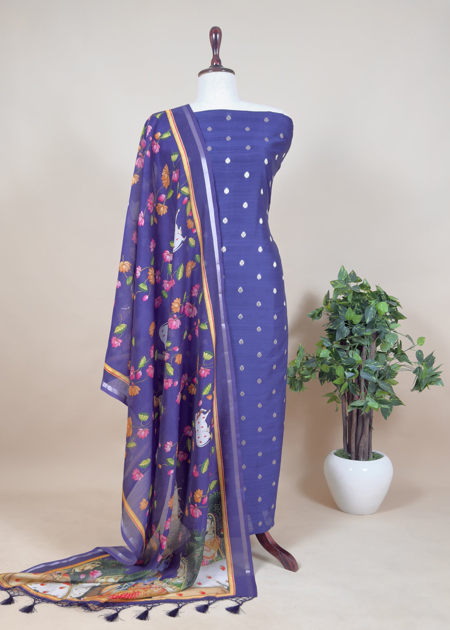 Pure Unstitched Handloom Banarasi Chanderi Suit Brushprint Dupatta