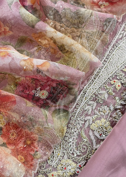 Pink Pure Crushed Tissue Kurta And Brush-Print Dupatta With Handwork