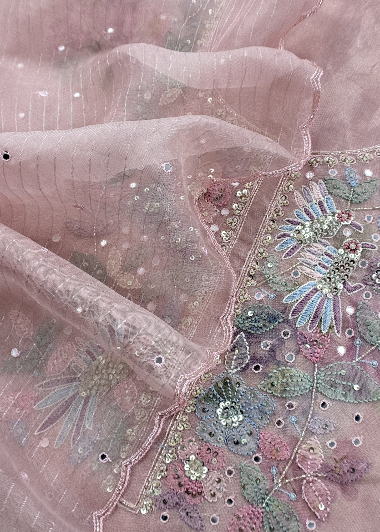 Baby Pink Tissue Silk Kurta And Kora Silk Dupatta With Handwork