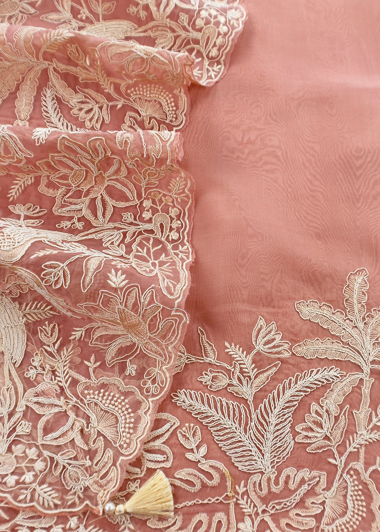 Kalasheel Luxe Peach Handloom Organza Suit With Garden French Embroidery