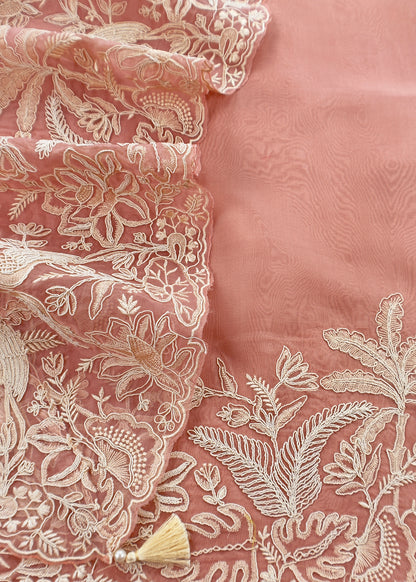 Kalasheel Luxe Peach Handloom Organza Suit With Garden French Embroidery