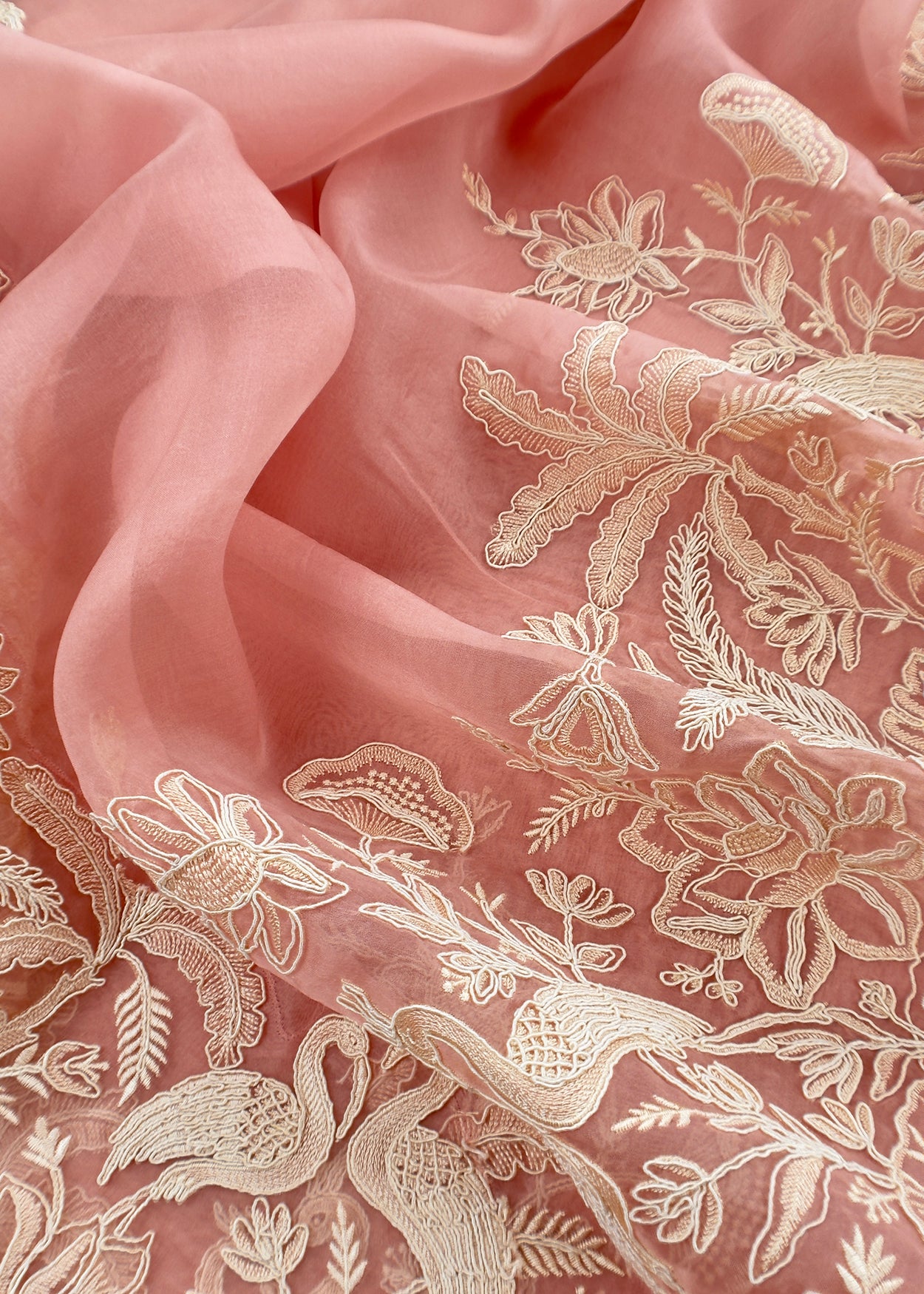Kalasheel Luxe Peach Handloom Organza Suit With Garden French Embroidery