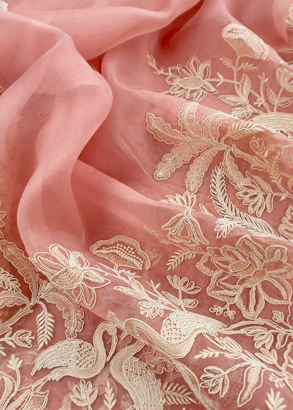 Kalasheel Luxe Peach Handloom Organza Suit With Garden French Embroidery