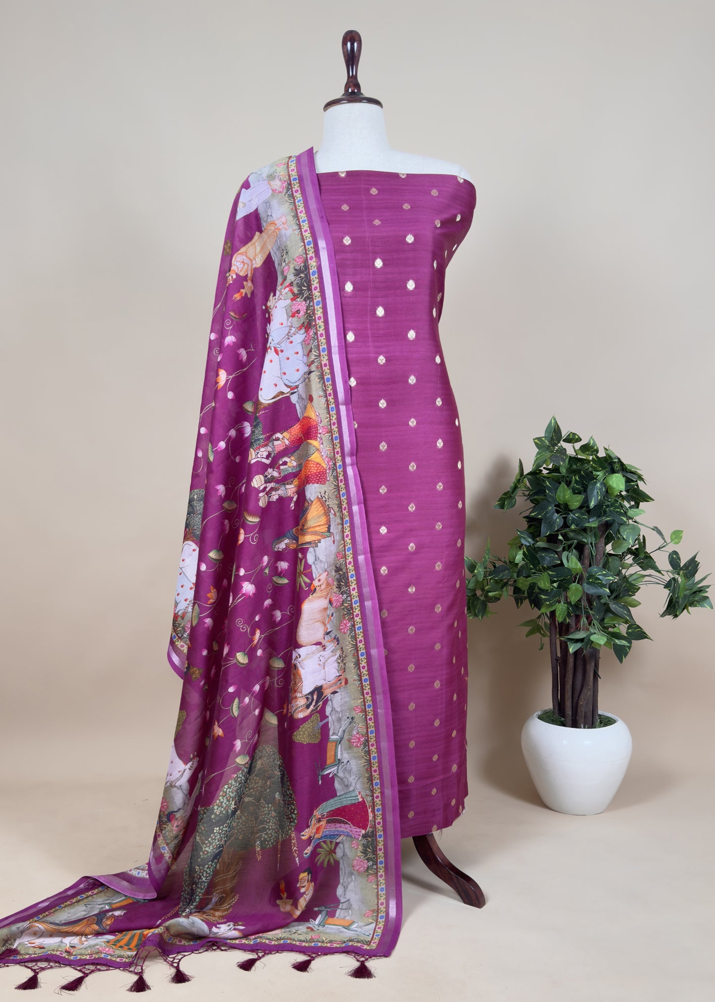 Pure Unstitched Handloom Banarasi Chanderi Suit Brushprint Dupatta