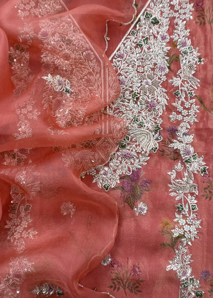 Orange Block Print Tissue Silk Kurta And Kora Silk Dupatta With Handwork