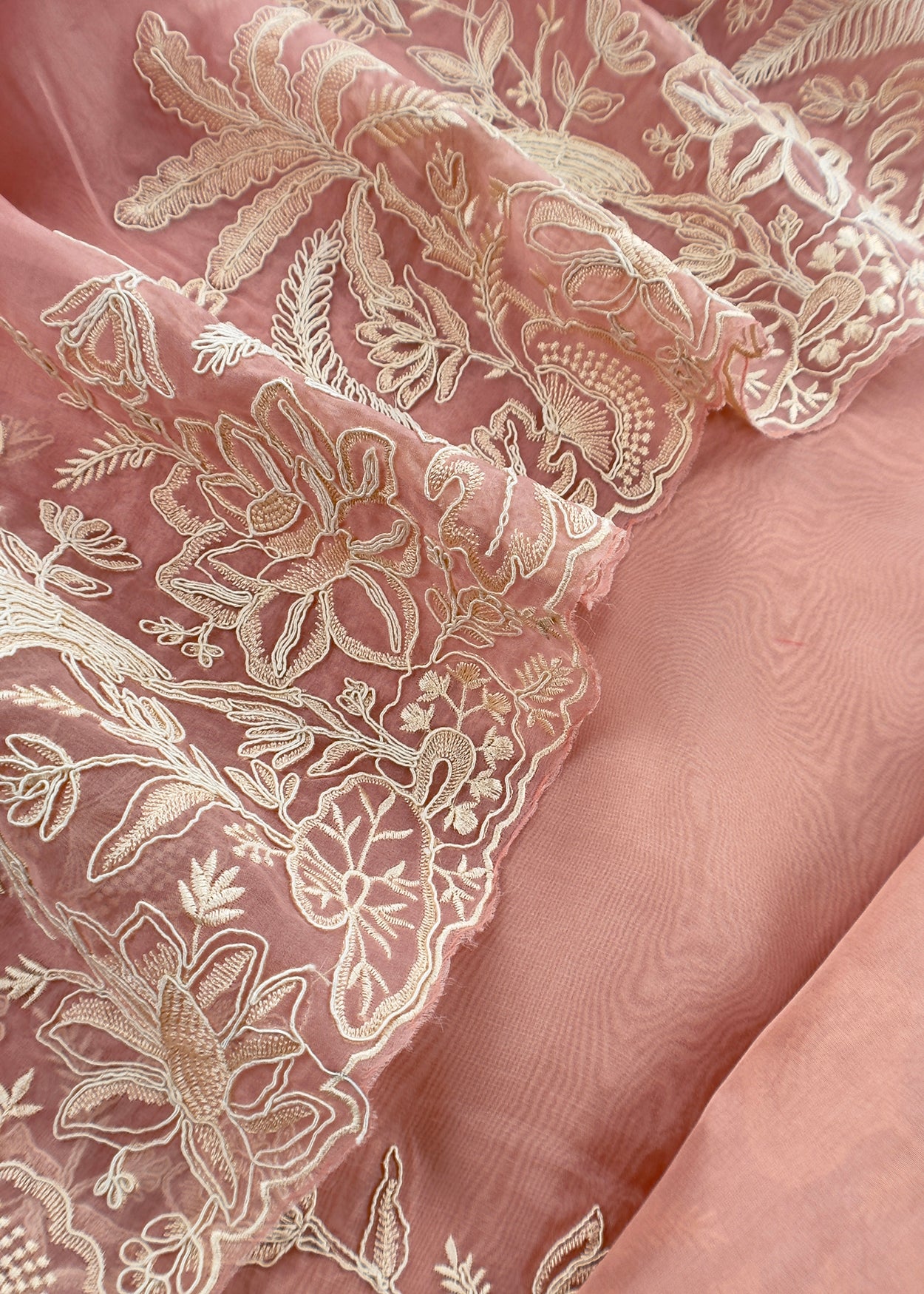 Kalasheel Luxe Peach Handloom Organza Suit With Garden French Embroidery