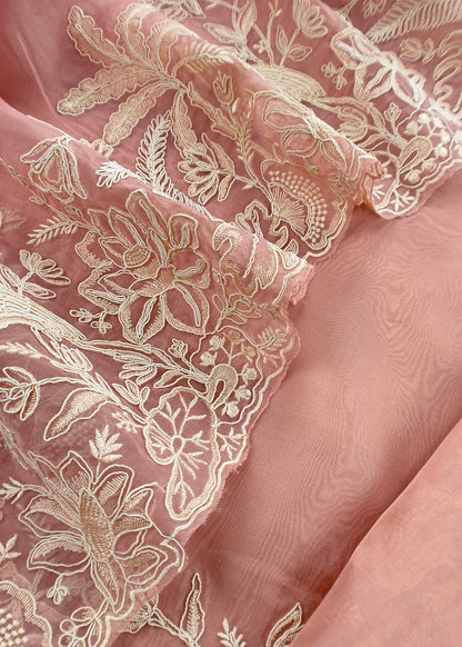 Kalasheel Luxe Peach Handloom Organza Suit With Garden French Embroidery